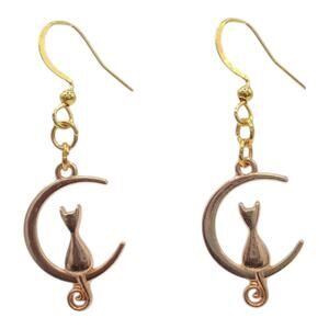 Cat on Crescent Moon Earrings Witchy Gothic Jewelry